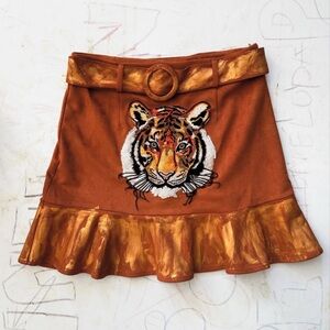 Brown Ruffled Embellished Hand-painted & Patchwork Mini Skirt